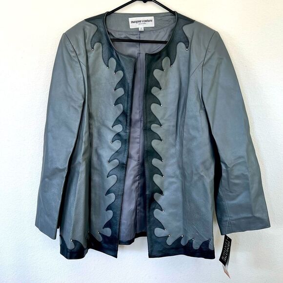 Maxene Couture New York Women’s Genuine Leather Silver Grey Jacket Size 20 NWT - Picture 1 of 12